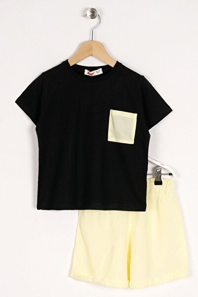 zepkids okrugla kragna Kratki rukavi spreda Sa detaljem džepa Crni set šortsa...