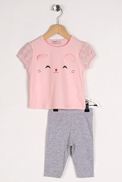 zepkids Crew Neck Short Sleeve Cat Printed Sleeves Elastic Pink Color Girl's Tights Set