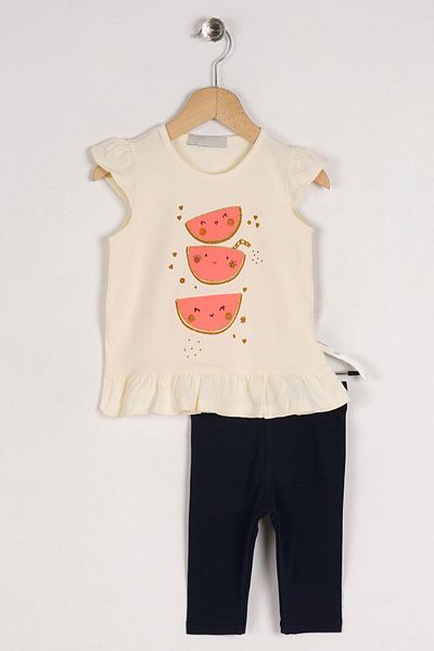 zepkids Crew Neck Short Sleeve Watermelon Printed Skirt Frilly Ecru Color Girl's Tights Set