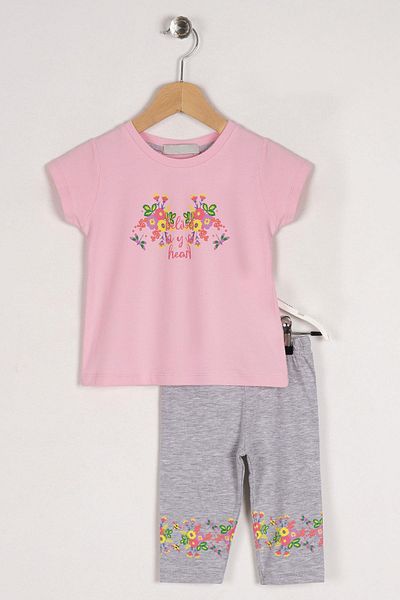 zepkids Rundhalsausschnitt, halbe Ärmel, Belıve In Your Hearts Cıcek bedrucktes rosa-graues Mädchen-Strumpfhosen-Set