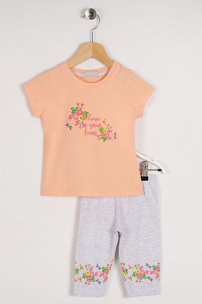 zepkids Crew Neck Half Sleeve Belıve In Your Hearts Cıcek Printed Seftali Caramel Color Girl's Tights