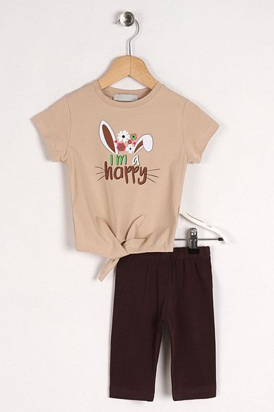 zepkids Crew Neck Short Sleeve I Am A Happy Text Printed Rabbit Eared Beige Color Girl's Tights Set