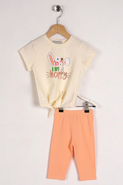 zepkids Crew Neck Short Sleeve I Am A Happy Text Printed Rabbit Eared Ecru Color Girl's Tights Set