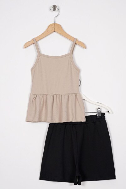 zepkids Beige Girl's Shorts Set - Button Detailed