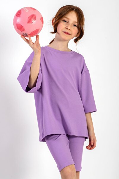 zepkids Lilac Color Oversize Tights Girl's Set - Crew Neck, Short Sleeve, Fitted