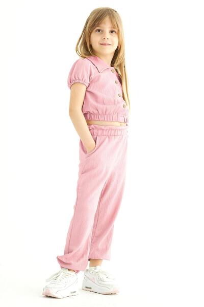 zepkids Girl - Powder Colored Trousers Set with Crew Neck and Watermelon Sleeves