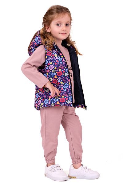 Merdia Girls' Hello Kitty Printed Hooded Inflatable Vest and Bottom Top 2 String Combed Cotton 3 Piece Set