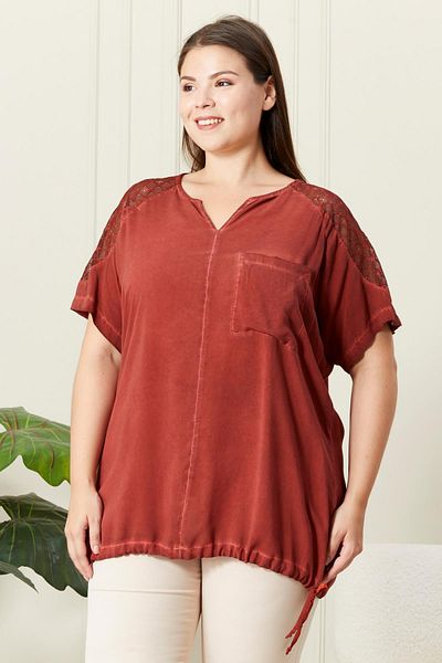 RMG Plus Size Tile Blouse - with Skirt Tie and Shoulder Detail