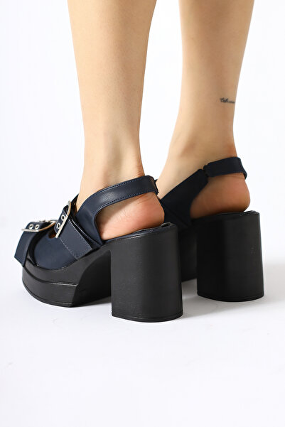 Limoya Marise Navy Blue Oval Toe Platform Double Belt Accessory Women's Casual Shoes