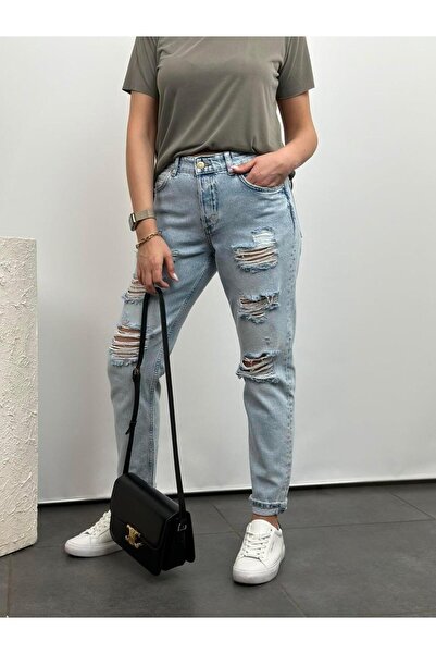 Sümeyra Moda Orijinal Açık Mavi Yırtk Jean Pantolon