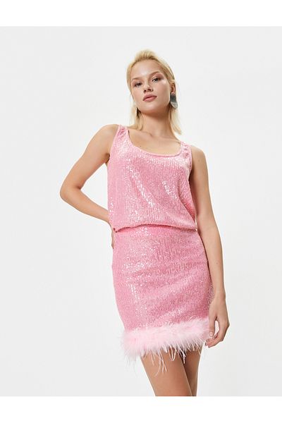 Koton High Waist Sequined Mini Skirt - Feather Detailed Slim Fit