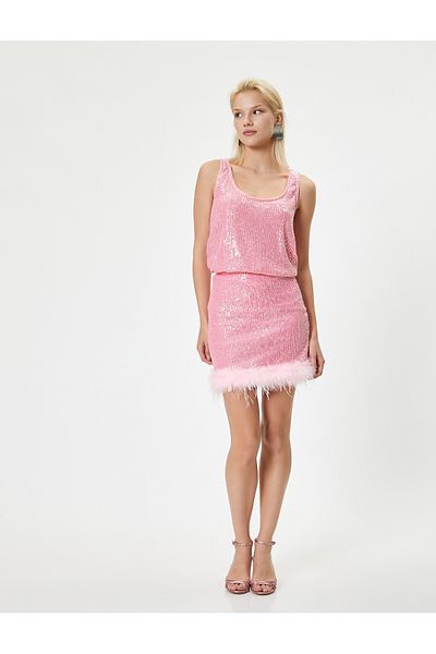 Koton High Waist Sequined Mini Skirt - Feather Detailed Slim Fit