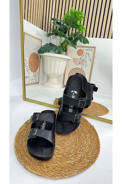 İmerShoes Casual ανδρικές μαύρες παντόφλες με διπλή ρυθμιζόμενη πόρπη Άνετη σόλα οβάλ σανδάλια 329
