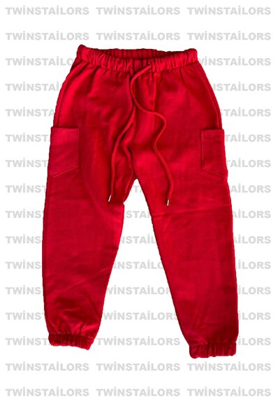 twins tailors İçi Polarlı Lastikli Paça 3'lü Paket Unisex Kırmızı-Lacivert-Siyah Çocuk Eşofman Altı
