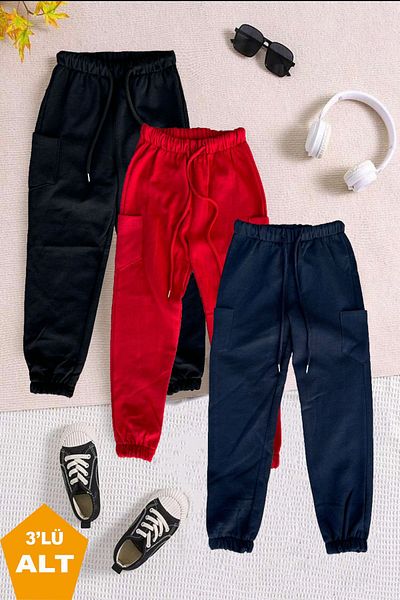 twins tailors UnisEx REd-navy BluE-blacK 3-PacK ChildrEn's SwEatPants - FlEEcE and Elastic LEgs