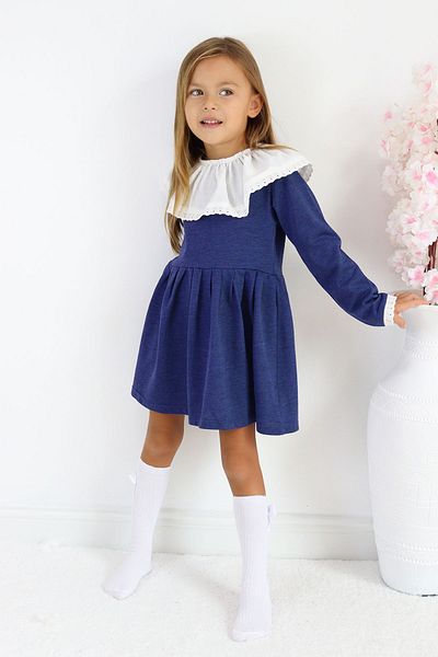 Parla Kids Girl's Belinda Blue Long Sleeve Scallop Collar Detailed Dress