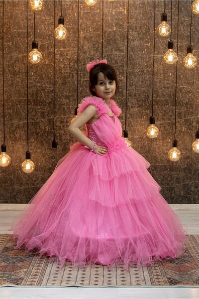 FR Shop Princess Model Candy Pink Color and Handkerchief Skirt Look Tarlanlı Graduation-Birthday Dress