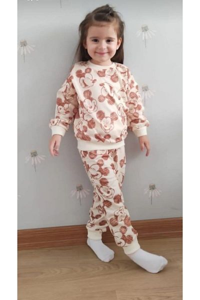 BUUFUU mickey Printed Cream Kids Set - long Sleeve Top and Bottom Set of Two
