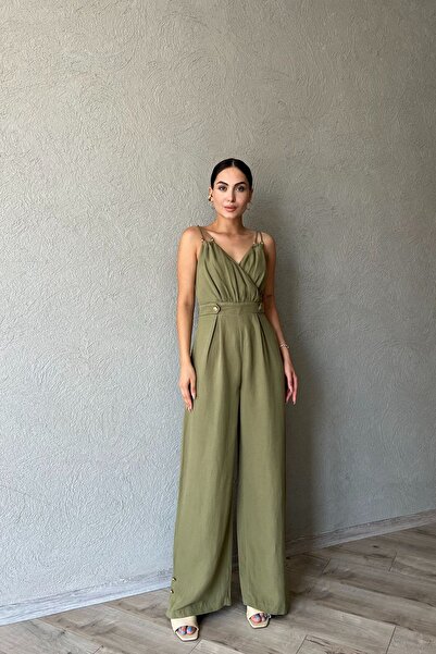 Seda Yalçın Atelier Haki Çapraz Yaka Düğme Detaylı İp Askılı Tulum