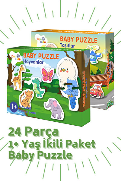 Bonkido Baby Puzzle 2’li Set 24 Parça, 1 Yaş, Hayvanlar Ve Taşıtlar