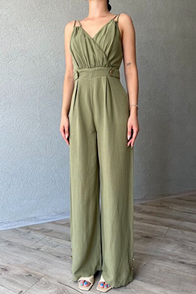 Seda Yalçın Atelier Haki Çapraz Yaka Düğme Detaylı İp Askılı Tulum