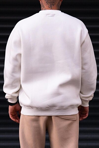 Millionaire Erkek Düz Kırık Beyaz Krem Ekru Basic Baskısız Sıfır Bisiklet Yaka Oversize Salaş Sweatshirt Sweat