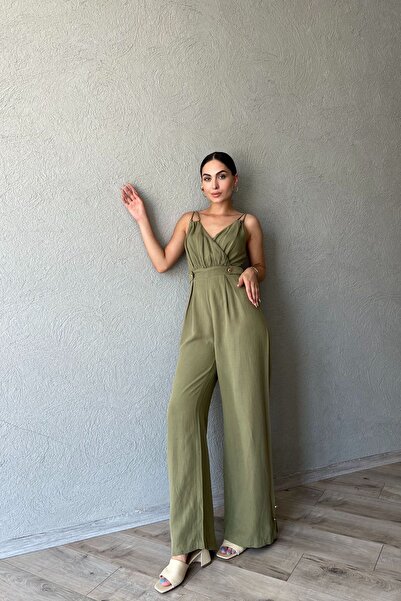 Seda Yalçın Atelier Haki Çapraz Yaka Düğme Detaylı İp Askılı Tulum