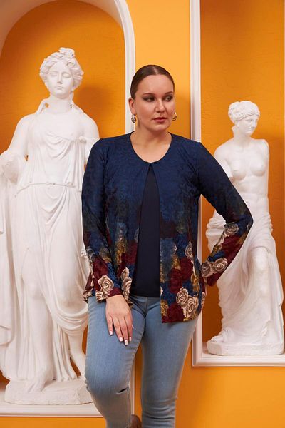 RMG Floral Patterned Large Size One Piece Navy Blue Blouse