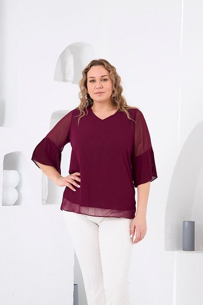 RMG Plus Size Violet Blouse with Pleated Sleeves