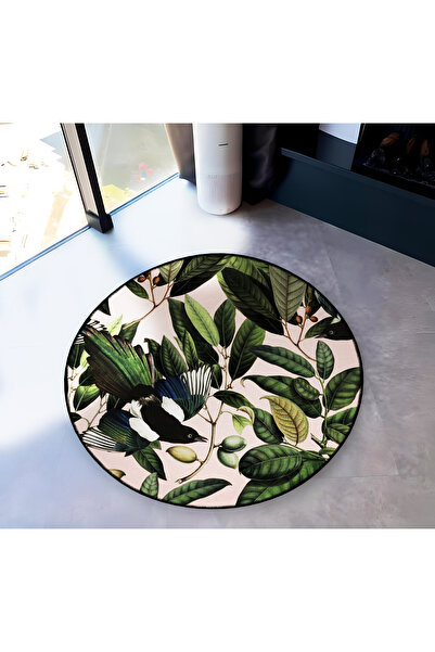 Rugs Modern Halı Mira Round Green Olive Branch and Bird Detailed Woven Base M...