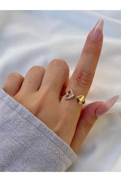 Eylülün Takısı Gold Color Stone Detailed Women's Heart Ring