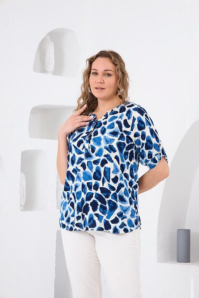 RMG Hscstore Women's Sleeve Detail Patterned Plus Size Indigo Blouse- O6423