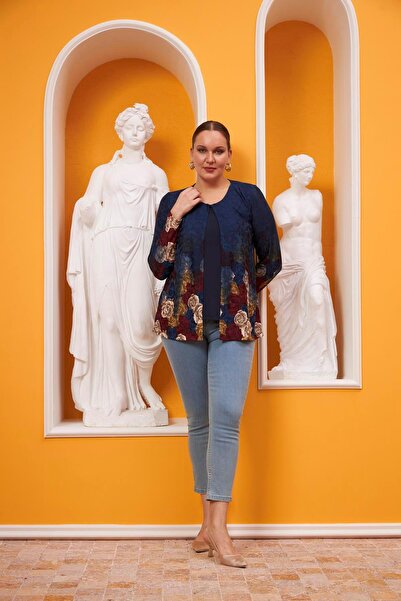 RMG Floral Patterned Large Size One Piece Navy Blue Blouse