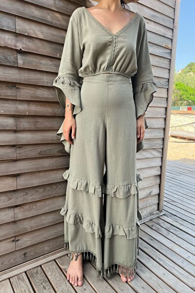 Seda Yalçın Atelier Khaki Madrid Spanish Sleeve Design - Blouse and Pants Set