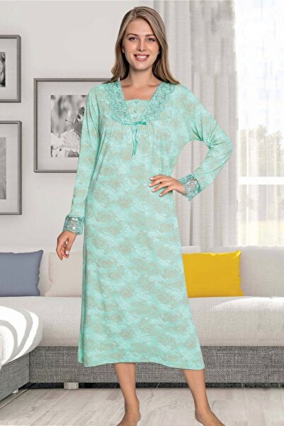 ATINÇ Μακρυμάνικο Δαντέλα Λεπτομερές Μέντα Πράσινο Βαμβακερό Μητρικό Νυχτικό