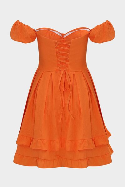 Açelya Okcu Women's Balloon Sleeve Mini Dress with Layered Skirt and Underwire