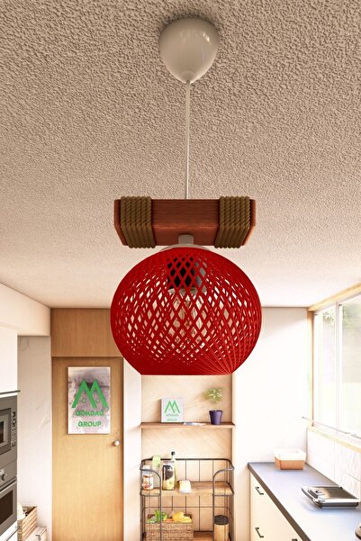 Naturel Lighting Ahşap Halatlı Balle Kırmızı Küre Top Tekli Sarkıt Kütük Avize