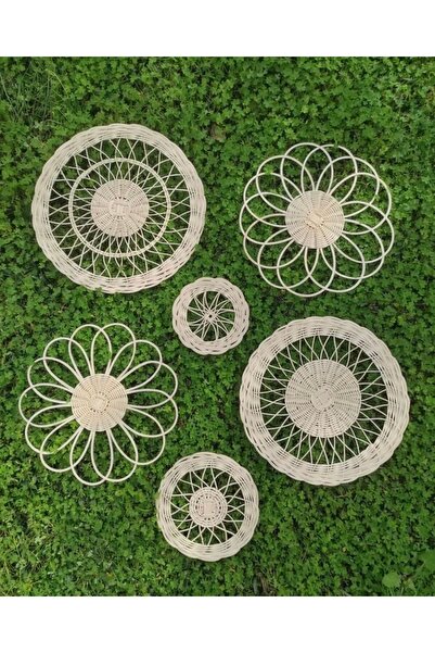 Veneris Design 6 Parça Rattan Bambu Hasır Duvar Sepeti Bohem Hasır Duvar Süsü