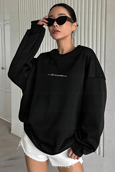 Millionaire Γυναικείο μαύρο Dreamer με στάμπα 0 Crew Neck Oversize Loose Loose Fleece φούτερ