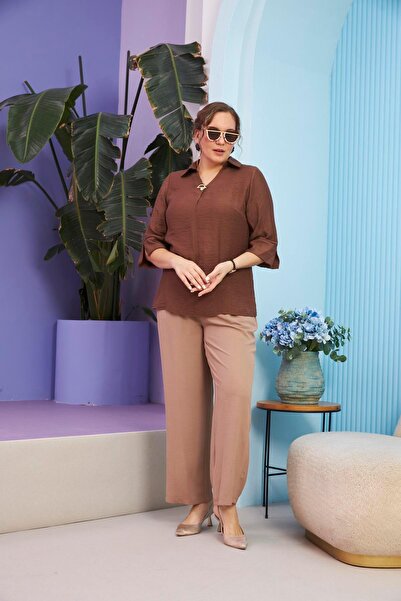 RMG Plus Size Collar Detailed Brown Blouse