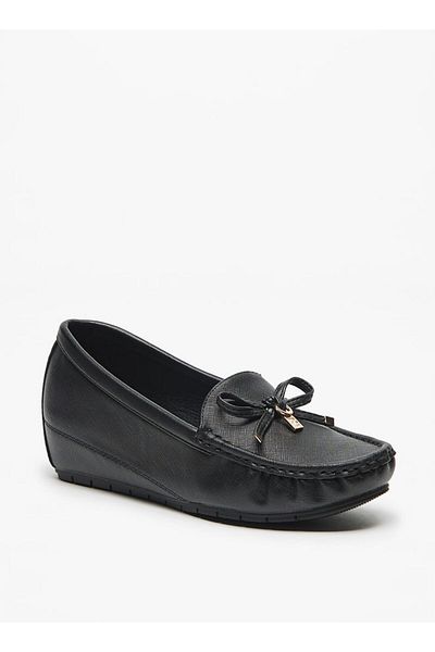 Flora Bella by Shoexpress Flora Bella Textured Slip-On Loafers with Wedge Heels and Bow Accent