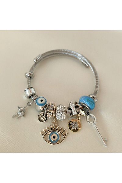 ARYA DESİGN Evil Eye Beaded SteEL BracELet with Key and Eye Charm