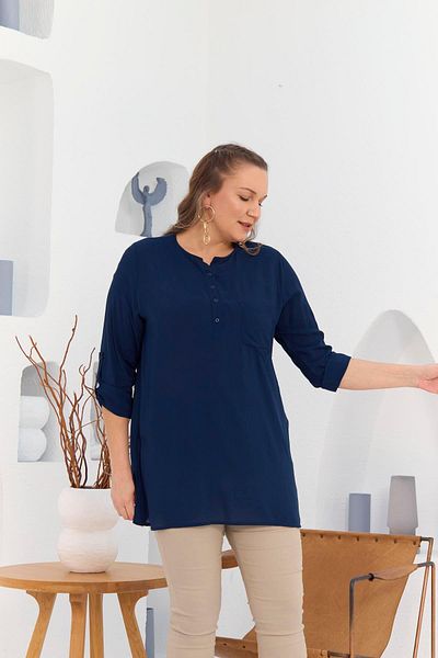 RMG large Size Voile Viscose Tunic - NavY Blue with Pocket and Sleeve Detail and Slits