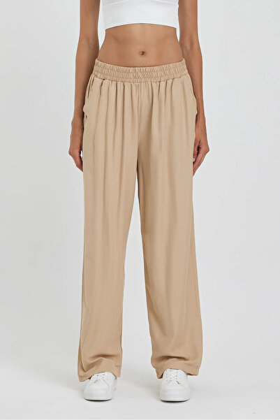 Rodi Jeans Kadın Bej Beli Lastikli Cepli Bol Paça Viskon Pantolon