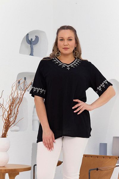 RMG Plus Size Black Blouse - Collar and Sleeve Embroidery Detail