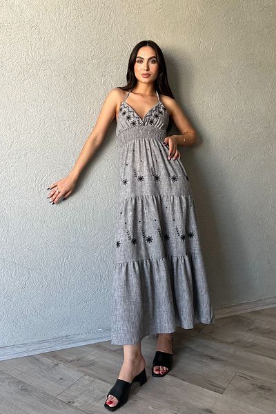 Seda Yalçın Atelier Gray Embroidered Long Elastic Dress - Halter Neck