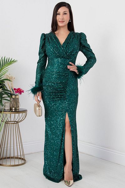 PULLIMM Rochie cu mâneci lungi, cu guler dublu, cu pene ECR5182