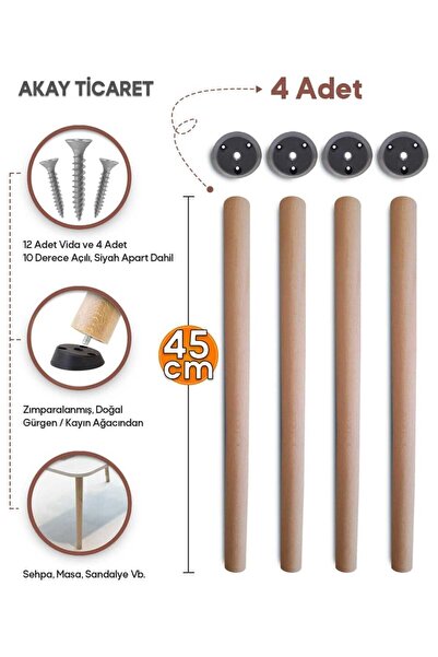 AKAY TİCARET Sehpa Ayağı Ahşap Konik Ayak 45 Cm Siyah Aparat