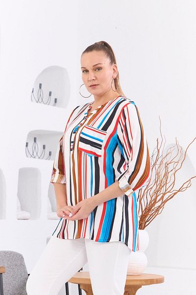 RMG Plus Size Blue Striped Blouse - Pocket Detail