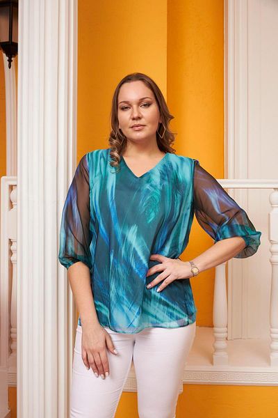 RMG Leaf Patterned Plus Size Turquoise Blouse - Sleeve Tulle Detail